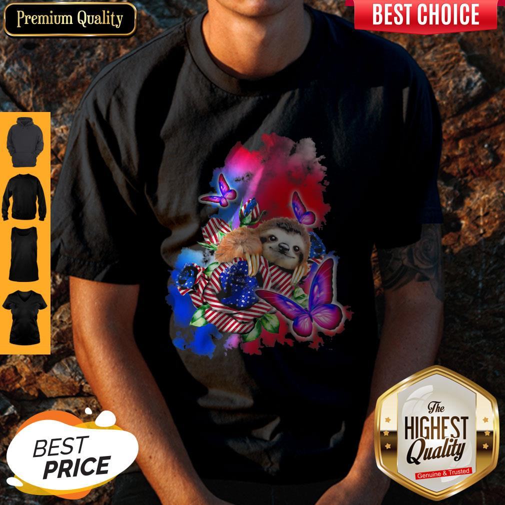 Sloth American Flag Veteran Independence Day Butterfly Shirt