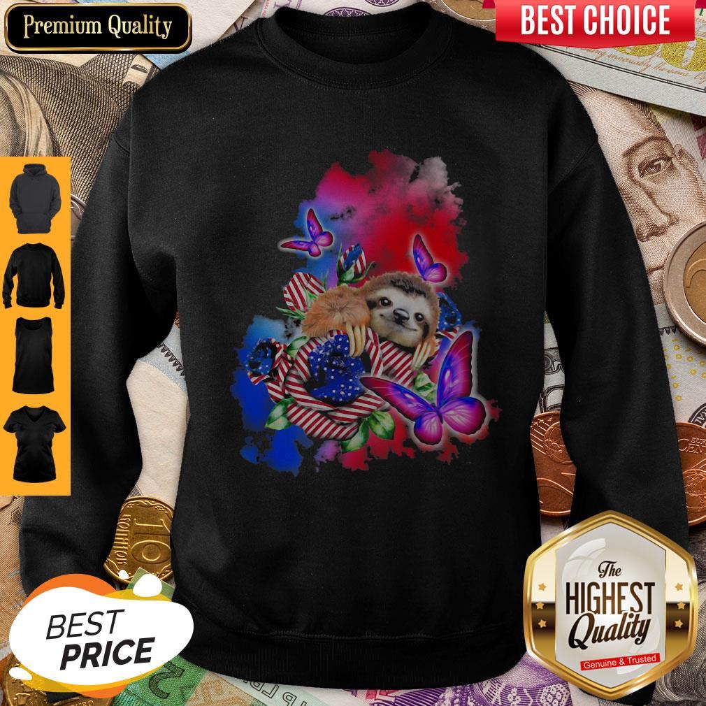 Sloth American Flag Veteran Independence Day Butterfly Shirt