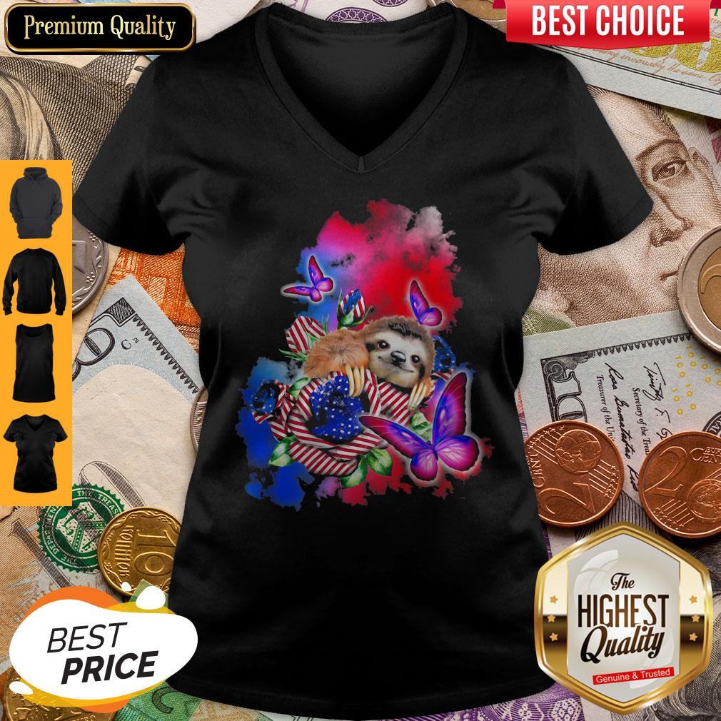 Sloth American Flag Veteran Independence Day Butterfly Shirt