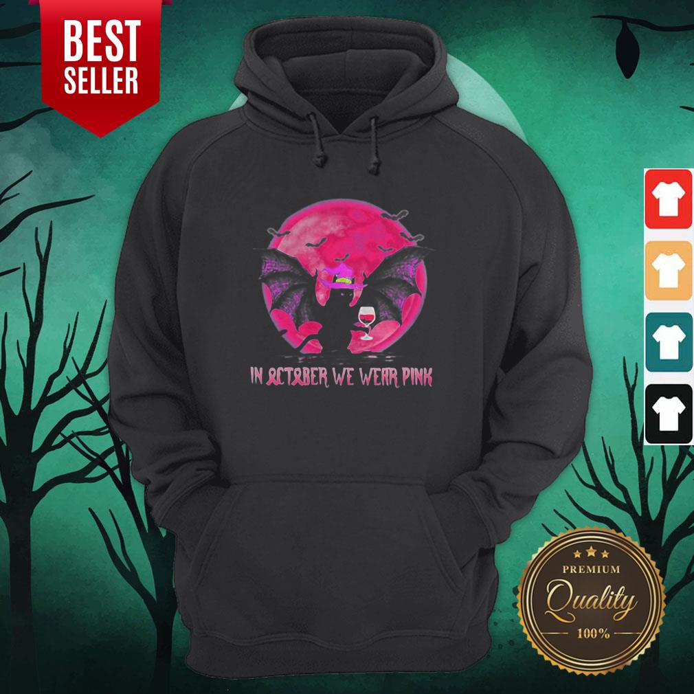 Bat Cat Witch In October We Wear Pink Moon Halloween Shirt