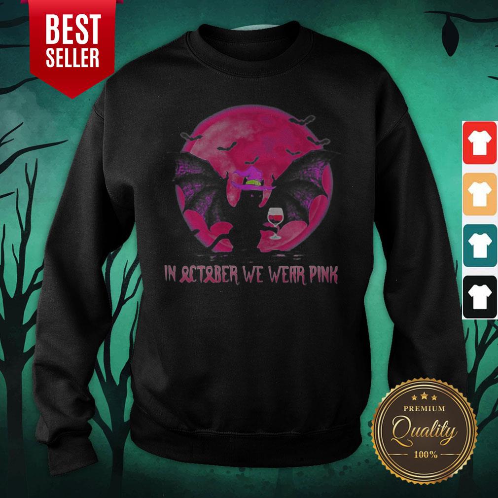 Bat Cat Witch In October We Wear Pink Moon Halloween Shirt