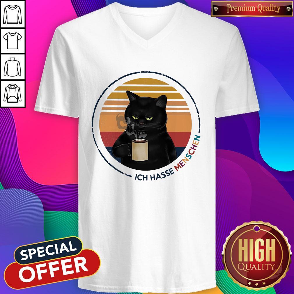 Black Cat Drink Coffee Ich Hasse Menschen Vintage Retro Shirt