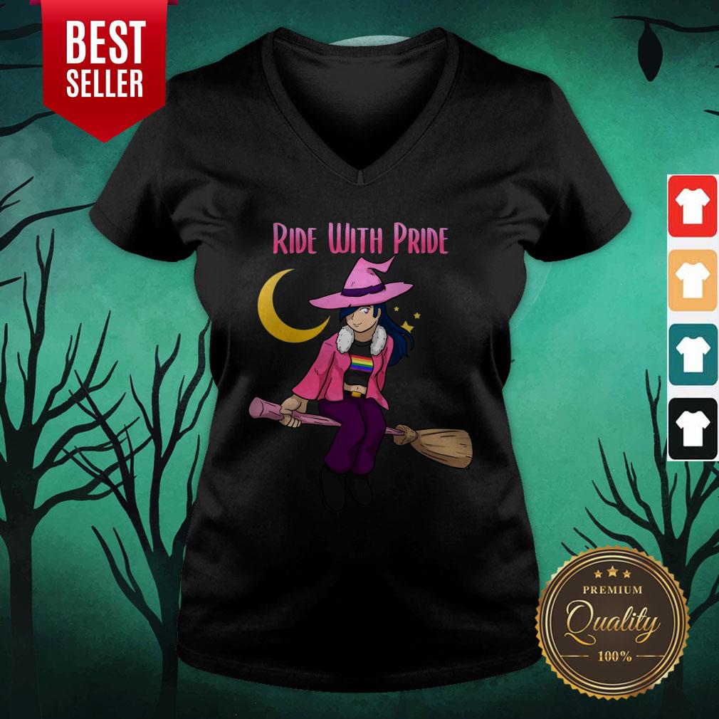 Ride With Pride LGBT Witch Funny Lesbian Halloween Shirt