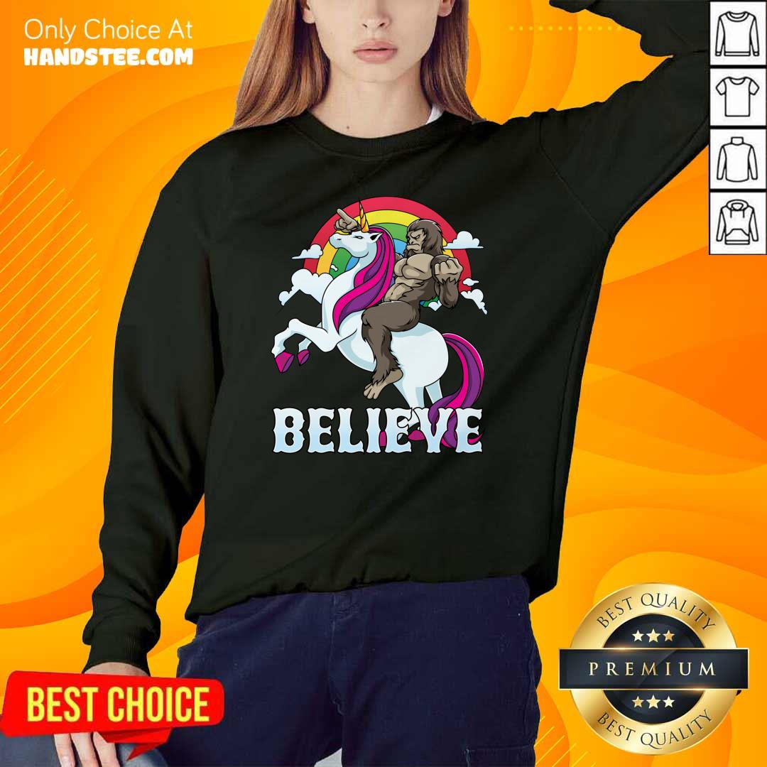 Hot Cute Bigfoot Riding Unicorn Sasquatch Believe Rainbow Shirt