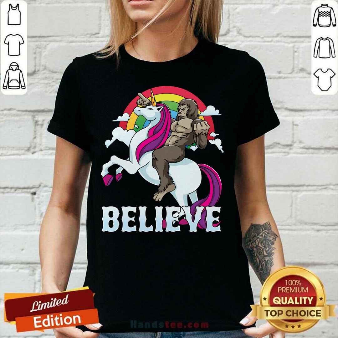 Hot Cute Bigfoot Riding Unicorn Sasquatch Believe Rainbow Shirt