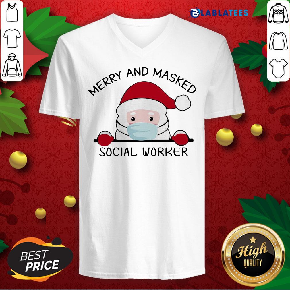 Premium Santa Face Mask Merry And Masked Social Worker Christmas Shirt