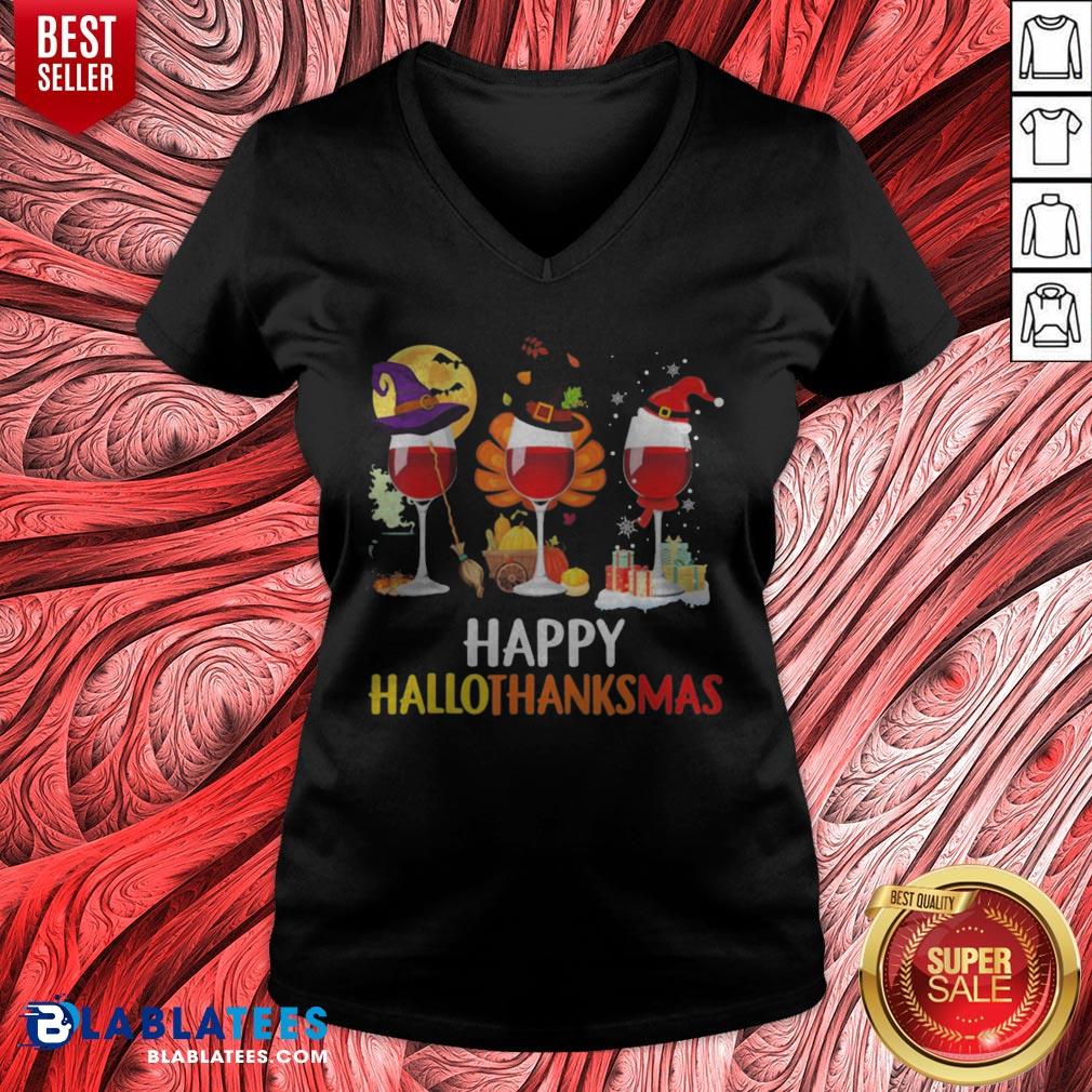 Wine Halloween Thanksgiving Christmas Happy Hallothanksmas Shirt