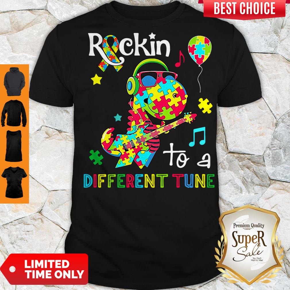 Official Dinosaur T Rex Rockin To A Different Tune Autism Awareness Shirt