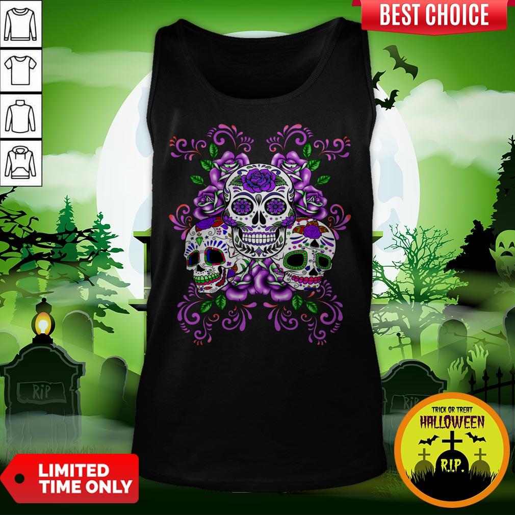 Triple Skull Purple Floral Day Of The Dead Sugar Skulls Shirt