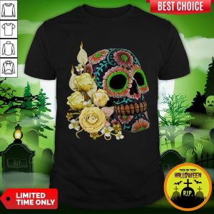 Yellow Floral Black Sugar Skull Day Of The Dead Shirt