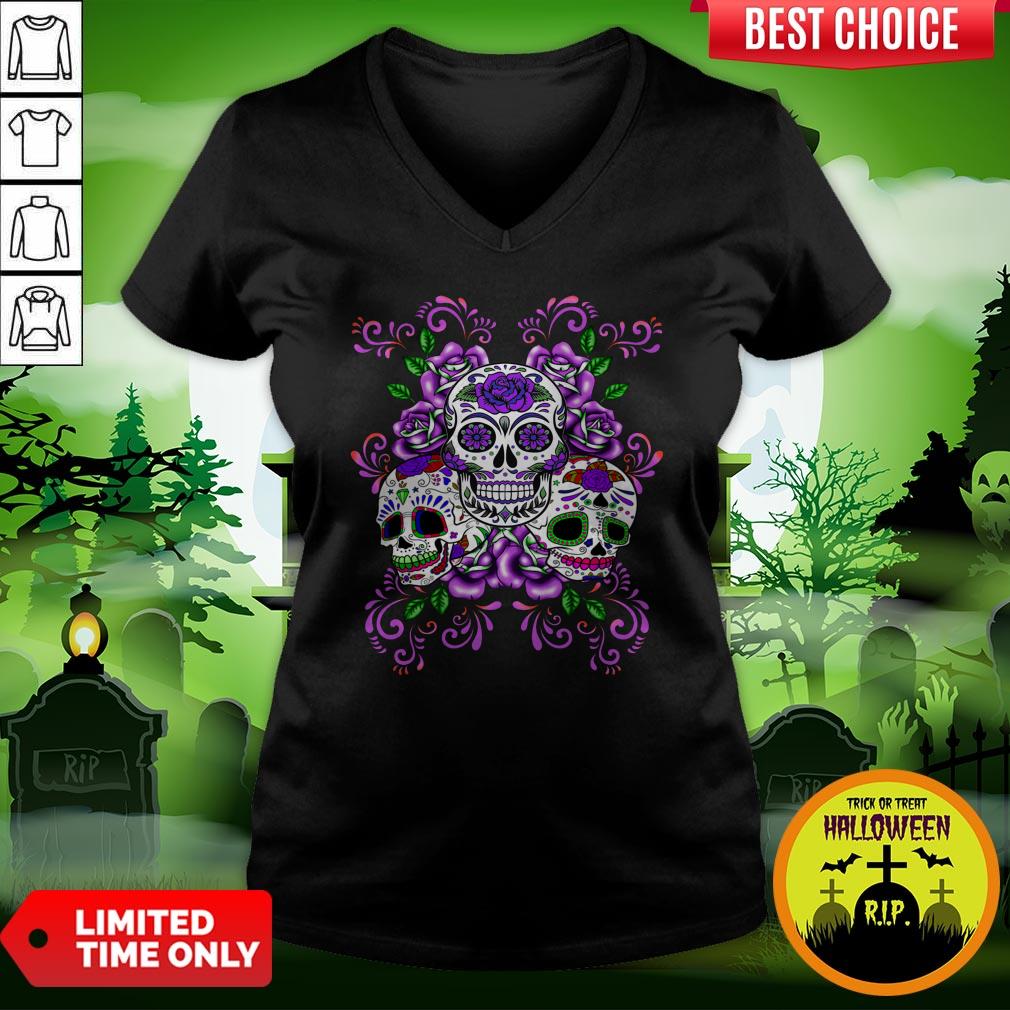 Triple Skull Purple Floral Day Of The Dead Sugar Skulls Shirt