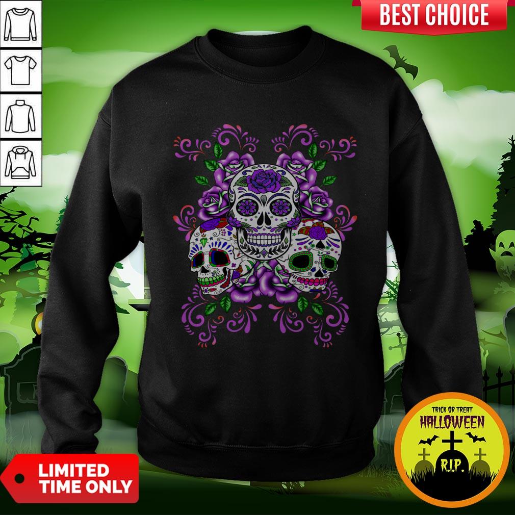 Triple Skull Purple Floral Day Of The Dead Sugar Skulls Shirt