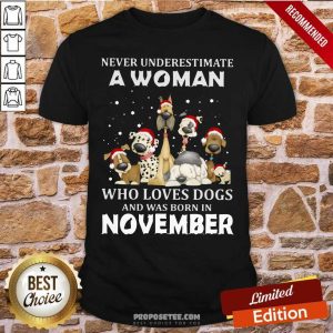 Pretty Never Underestimate A Woman Who Loves Dogs And Was Born In November Christmas Shirt