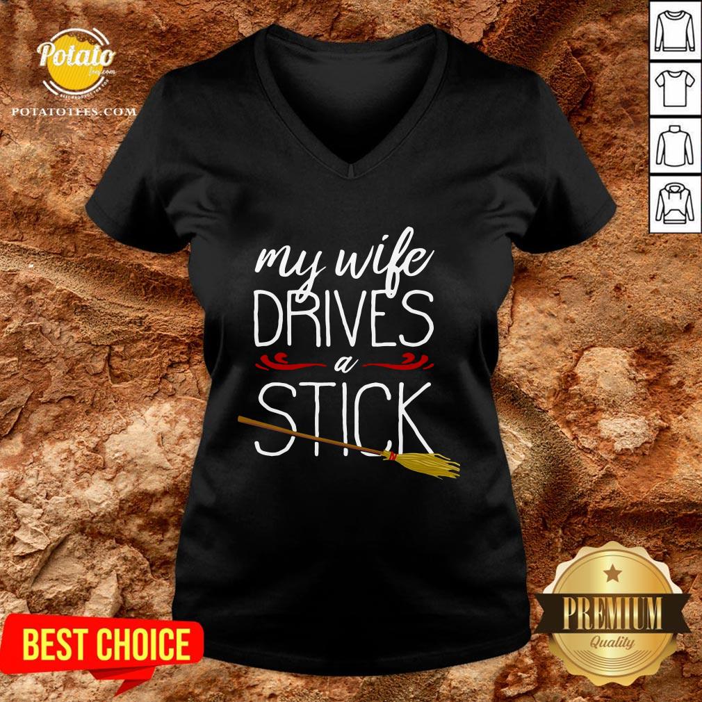 Awesome My Wife Drives A Stick Witch Broomstick Halloween Shirt