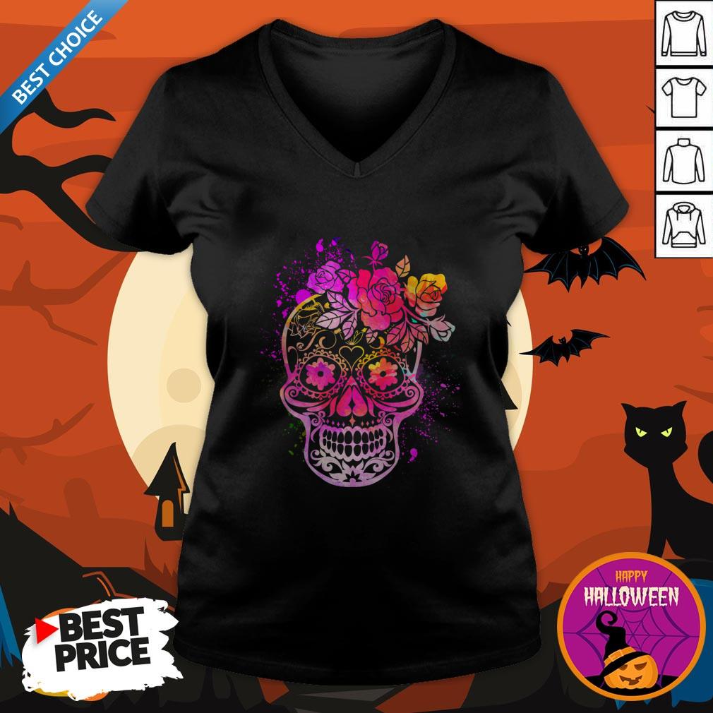 Colorful Sugar Skull Floral Roses Día De Los Muertos Day Of Dead Shirt