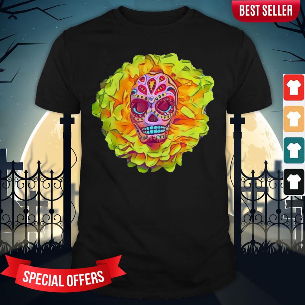 Cool Sugar Skull Portrait Pink & Yellow Day Of The Dead Mexican Shirt