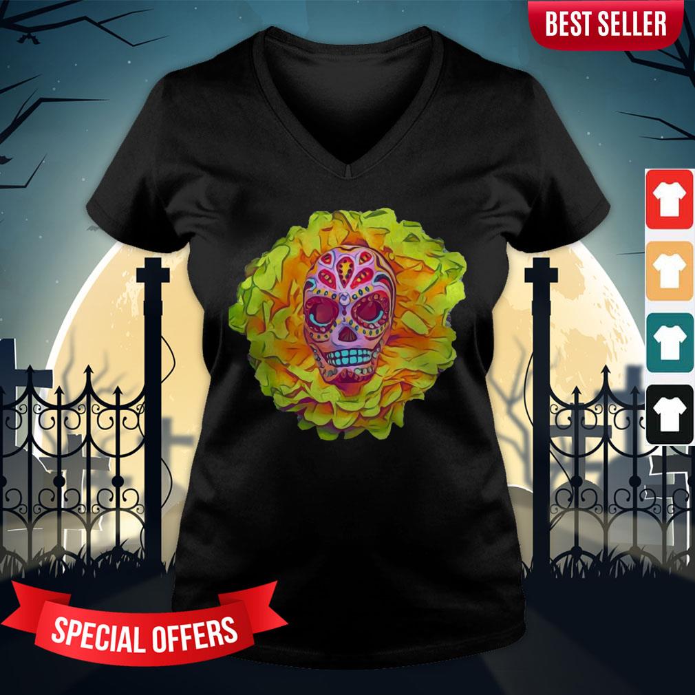 Cool Sugar Skull Portrait Pink & Yellow Day Of The Dead Mexican Shirt
