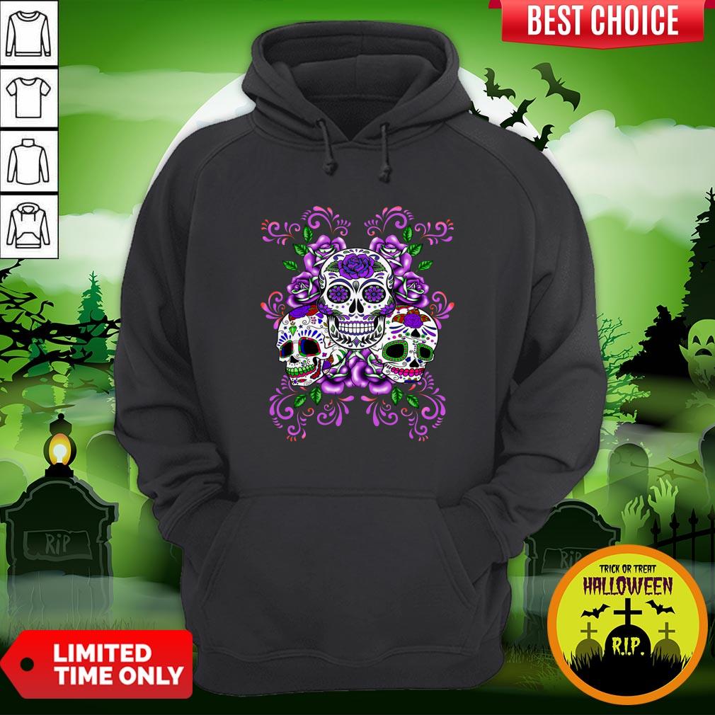 Triple Skull Purple Floral Day Of The Dead Sugar Skulls Shirt