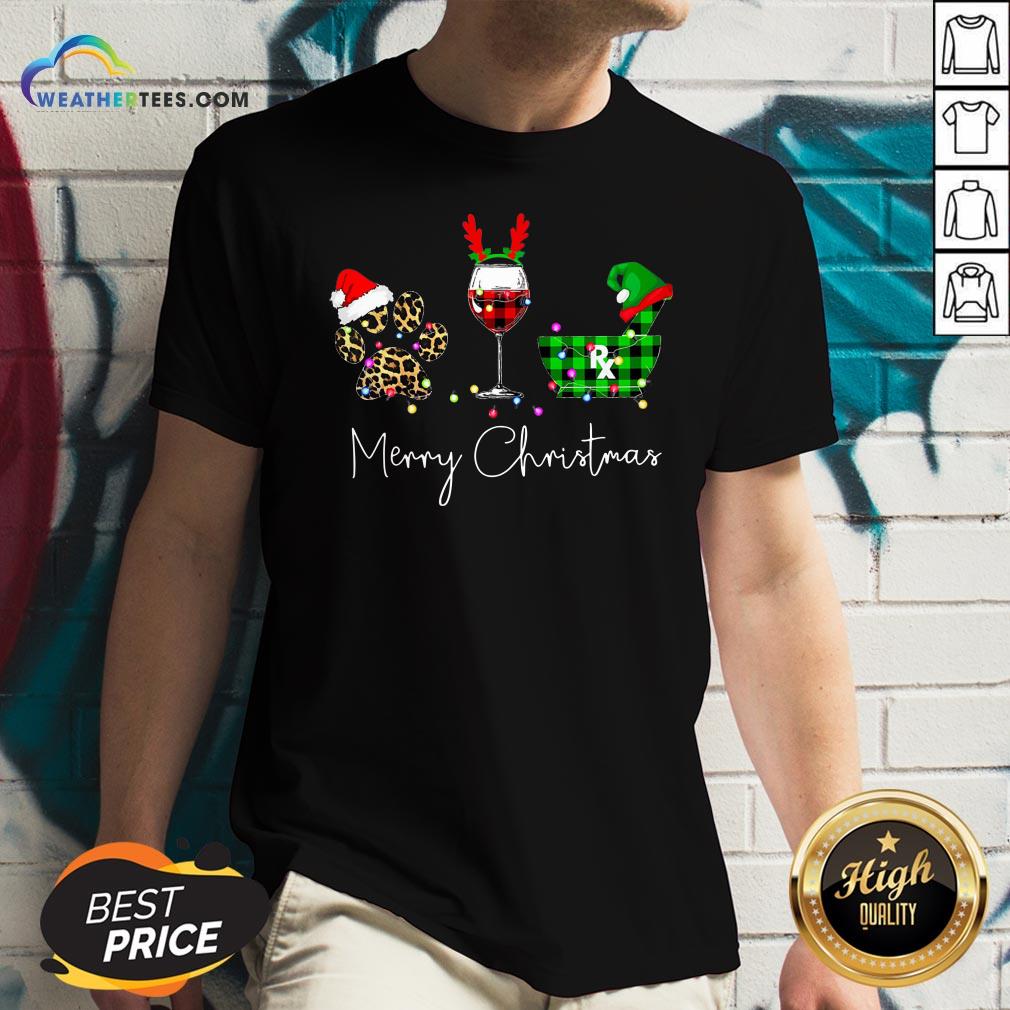 Fun Paw Dog Wine Coffee Elf Merry Christmas Shirt