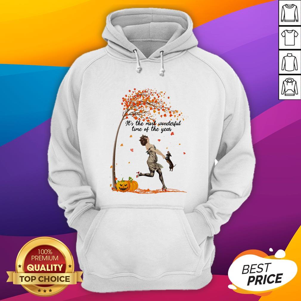 Girl And Dachshund It's The Most Wonderful Time Of The Year Leaves Tree Shirt