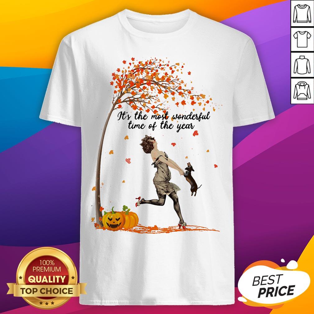 Girl And Dachshund It's The Most Wonderful Time Of The Year Leaves Tree Shirt