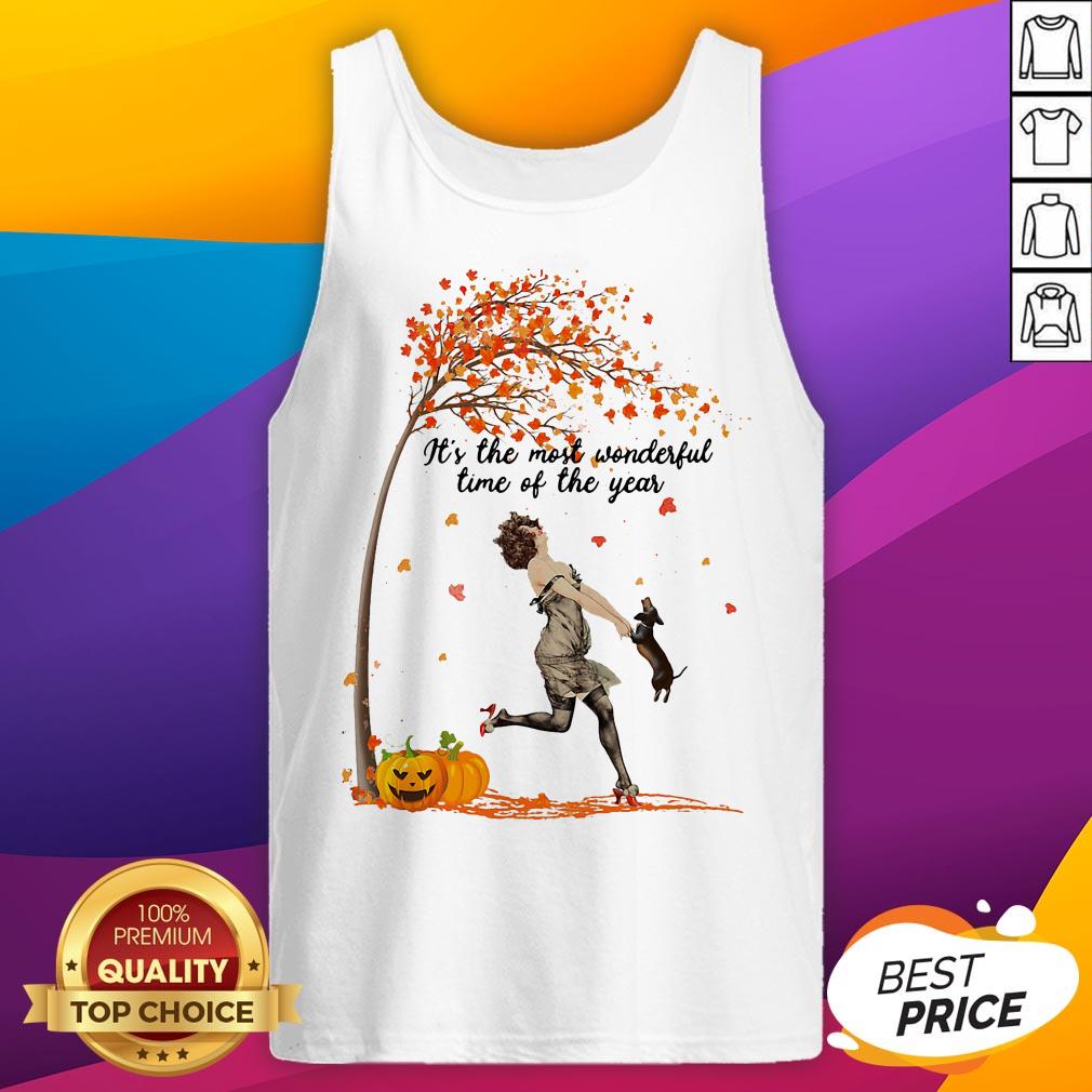 Girl And Dachshund It's The Most Wonderful Time Of The Year Leaves Tree Shirt