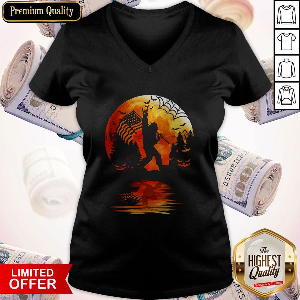 Hot Bigfoot American Flag Moon Mirror Halloween Shirt
