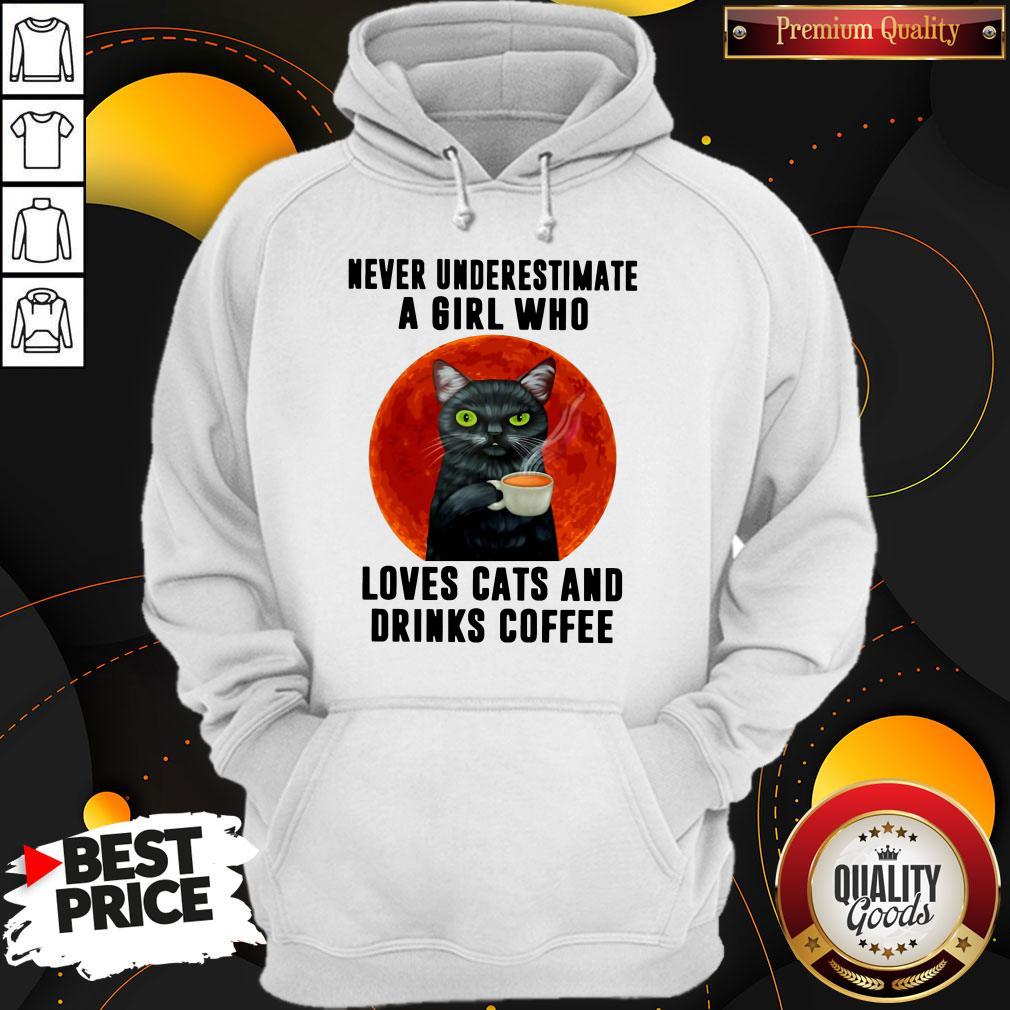 Hot Never Underestimate A Girl Who Loves Cats And Drinks Coffee Moon Shirt
