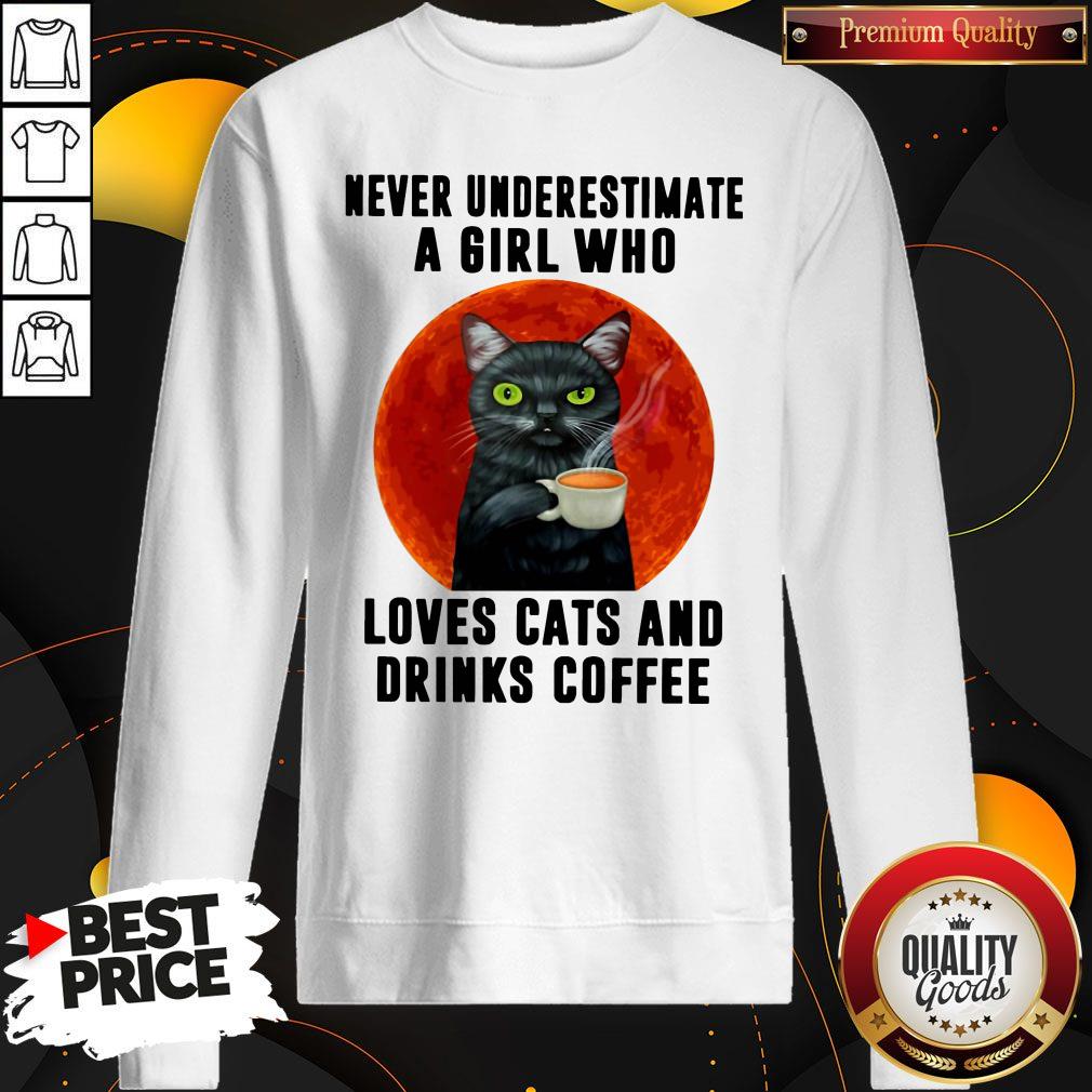 Hot Never Underestimate A Girl Who Loves Cats And Drinks Coffee Moon Shirt