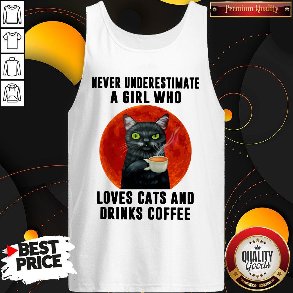 Hot Never Underestimate A Girl Who Loves Cats And Drinks Coffee Moon Shirt