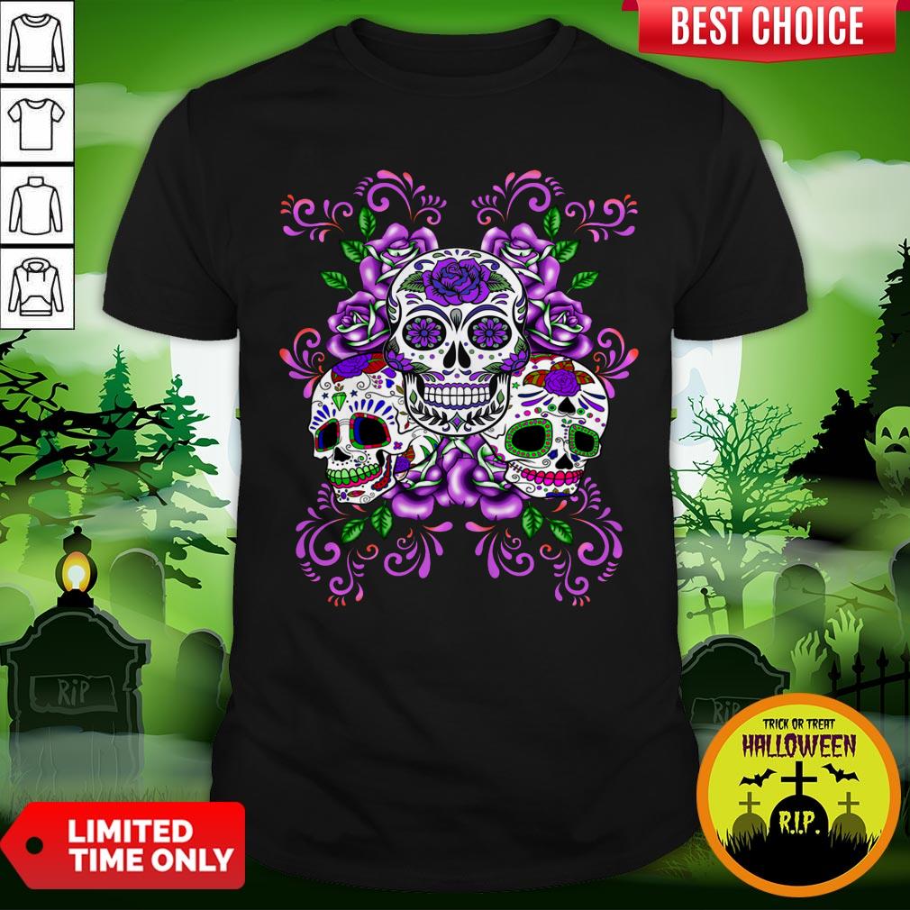 Triple Skull Purple Floral Day Of The Dead Sugar Skulls Shirt