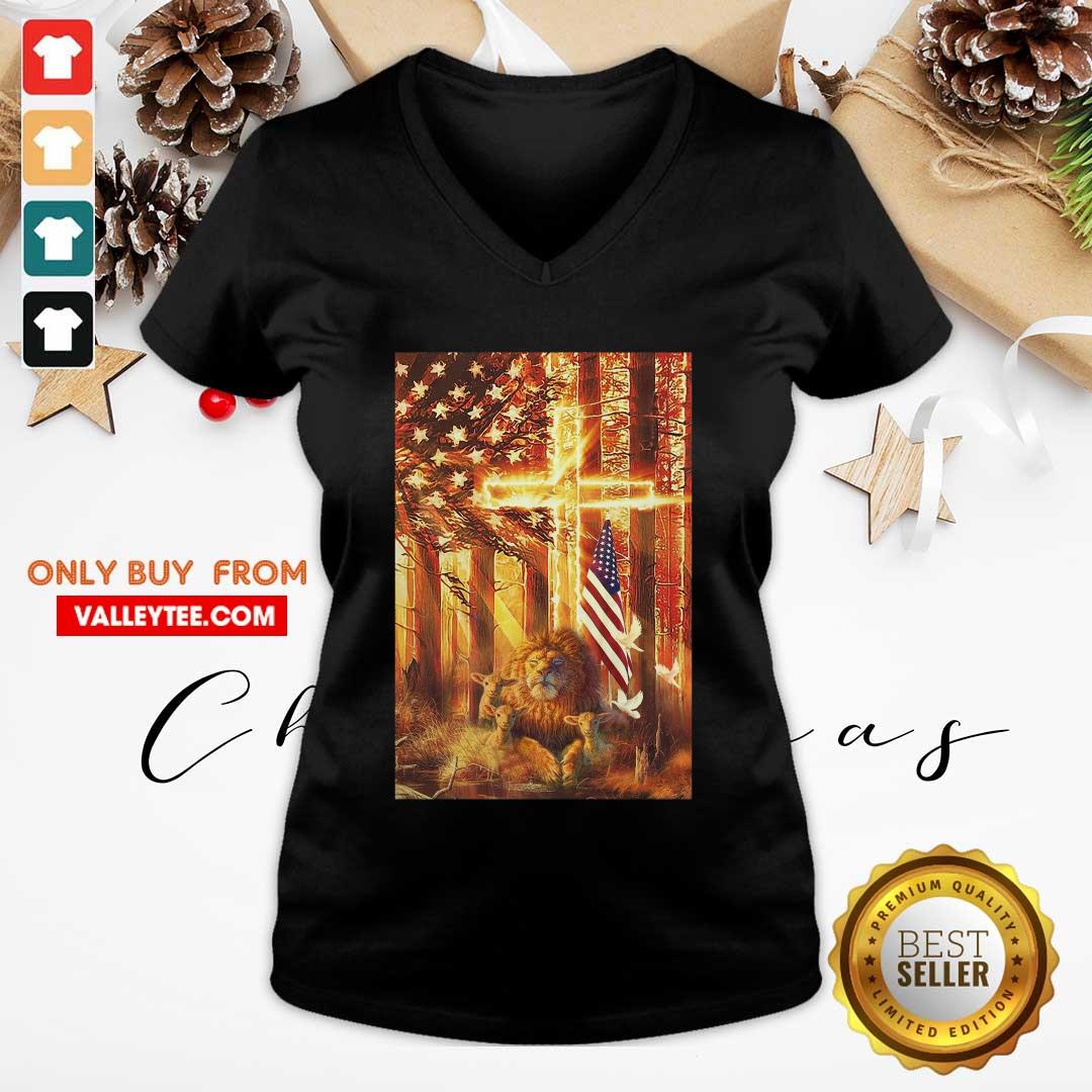 Lion And Lamb In The Forest American Flag Shirt