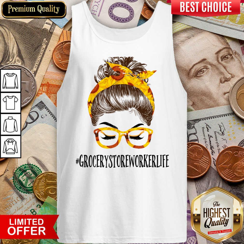 Perfect Messy Hair Bun Grocery Store Worker Sunflowers Shirt