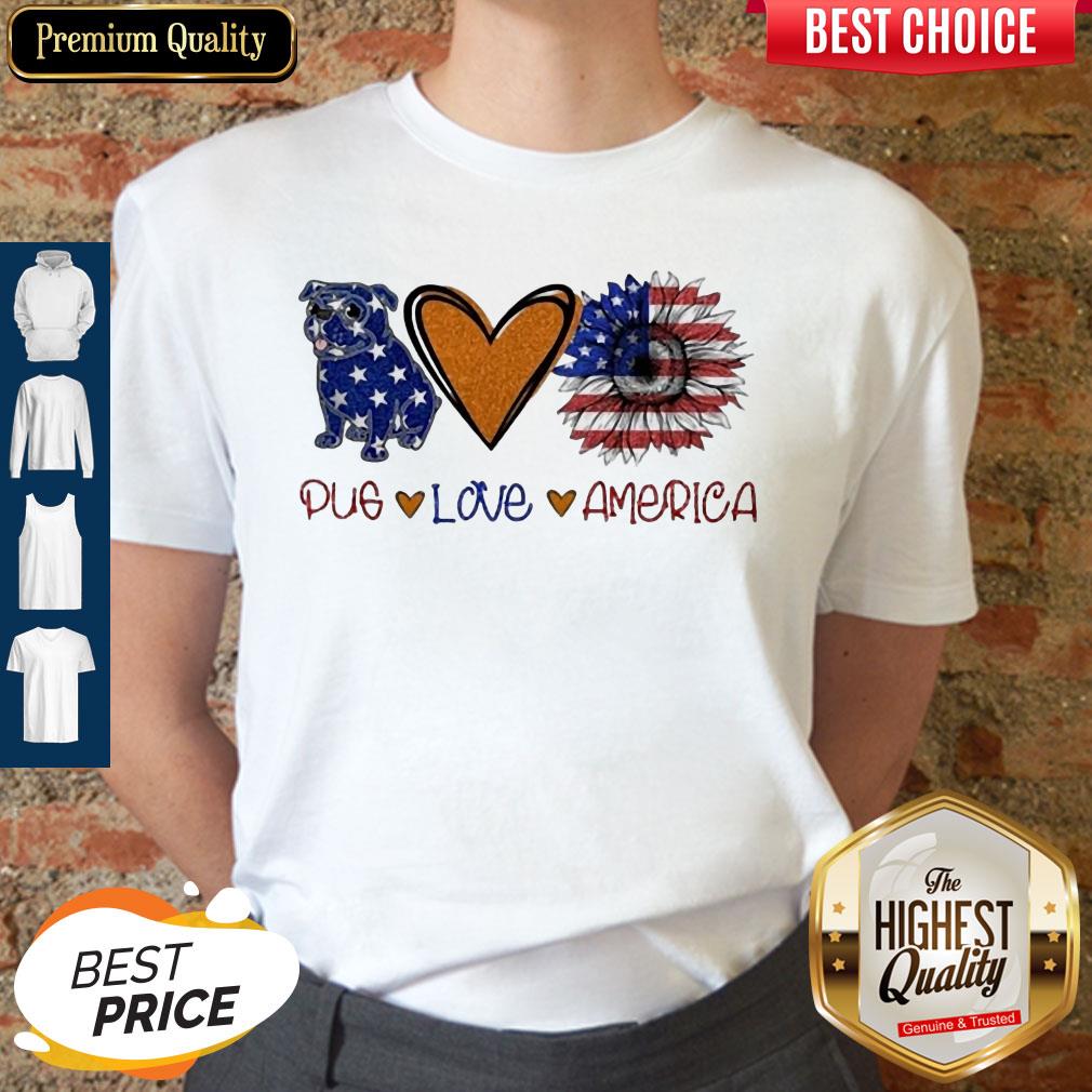 Pug Love Heart Sunflower American Flag Veteran Independence Day Shirt