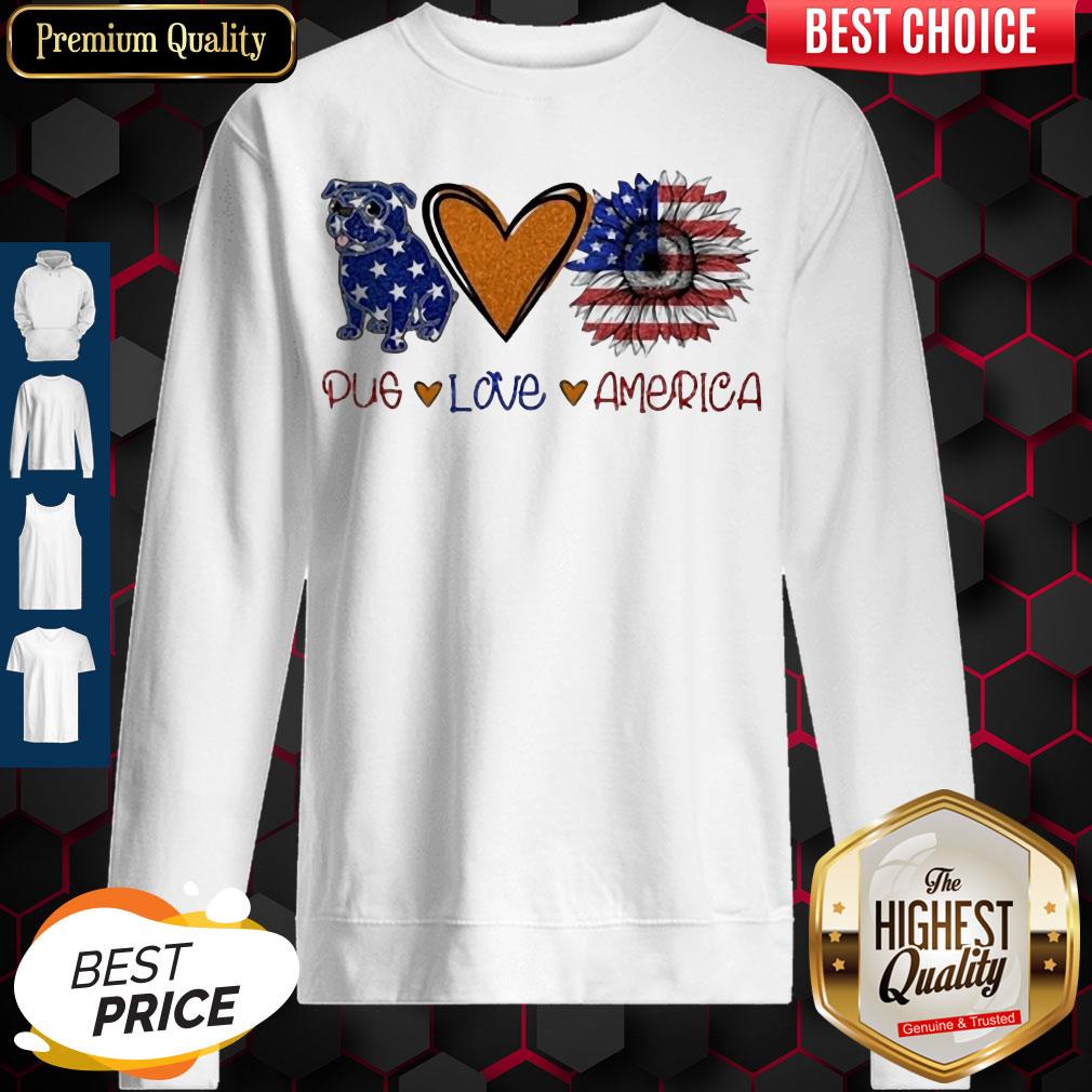 Pug Love Heart Sunflower American Flag Veteran Independence Day Shirt