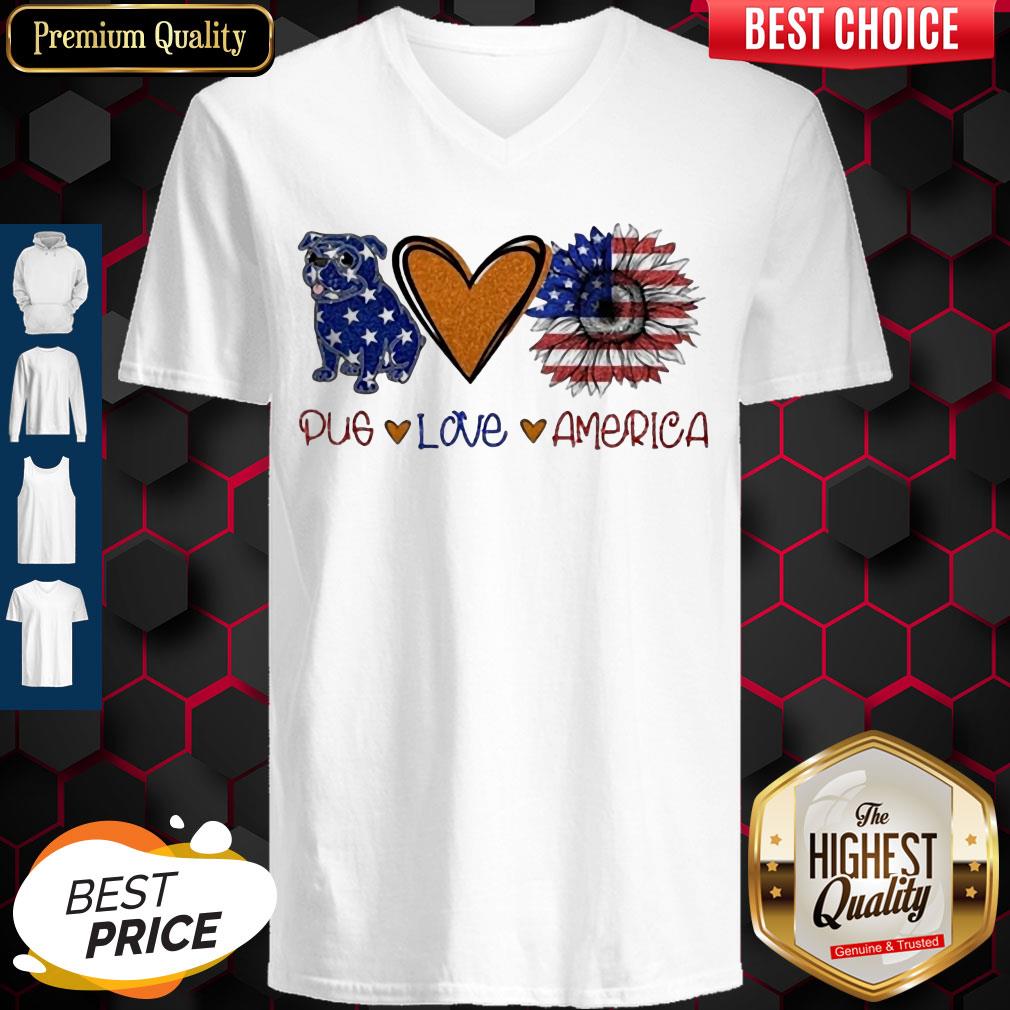 Pug Love Heart Sunflower American Flag Veteran Independence Day Shirt