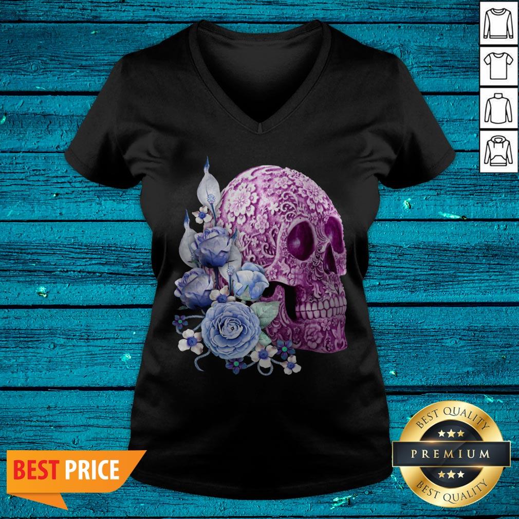 Purple Floral Sugar Skull Day Of The Dead Blue Flowers Shirt