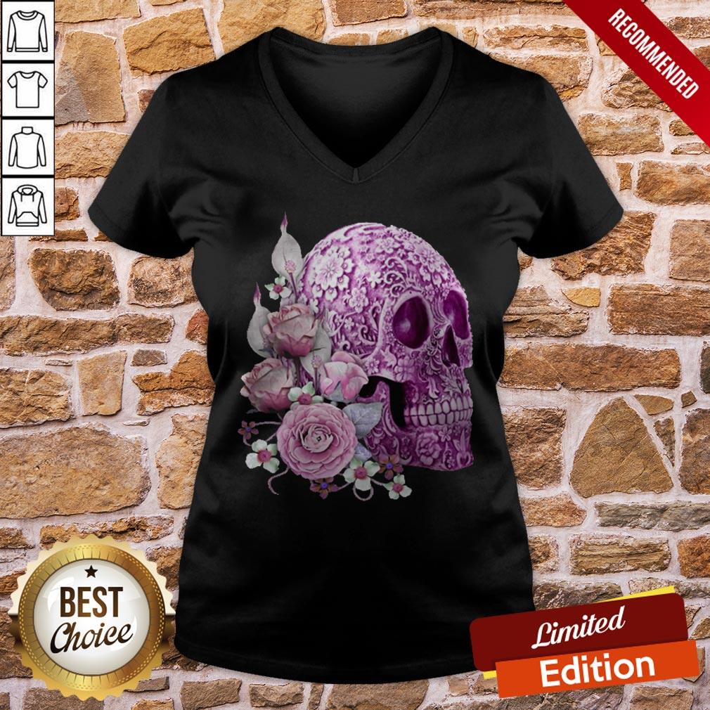 Purple Floral Sugar Skull Day Of The Dead Pink Flowers Shirt