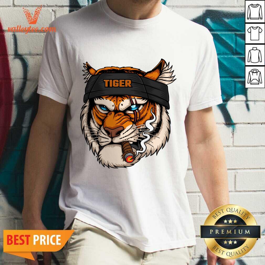 Tiger Head Wearing Bandana While Smoking Shirt