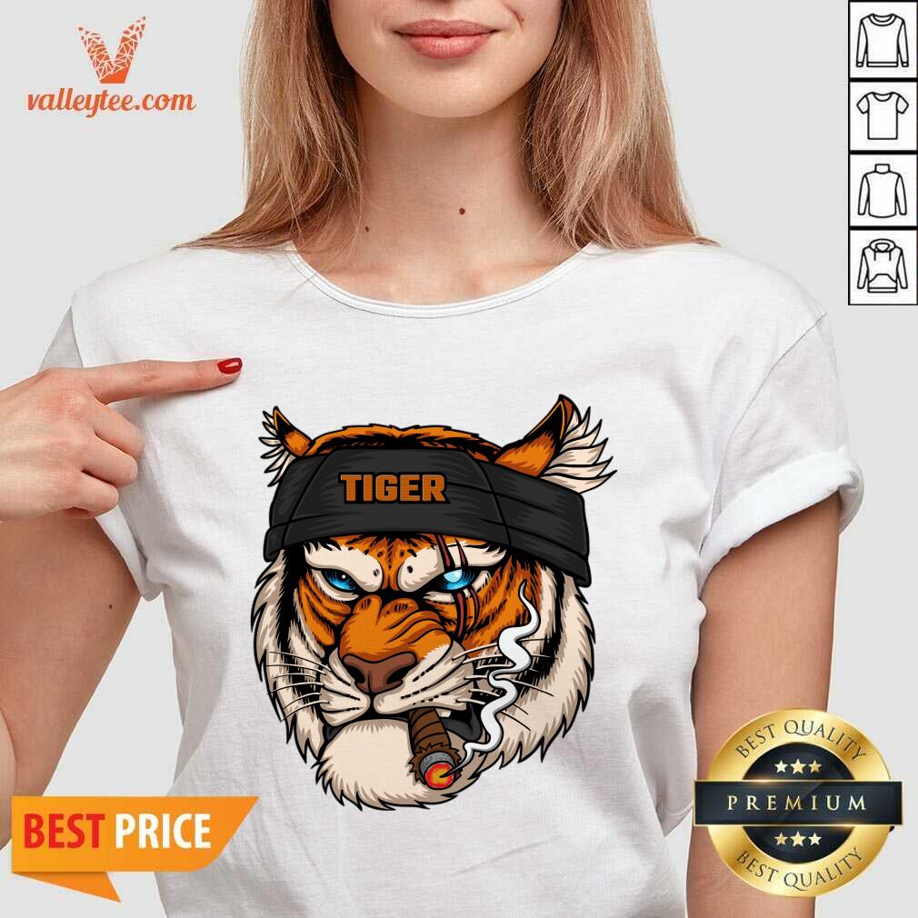 Tiger Head Wearing Bandana While Smoking Shirt