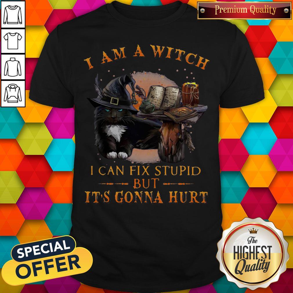 Top Black Cat I Am A Witch I Can Fix Stupid But It's Gonna Hurt Shirt