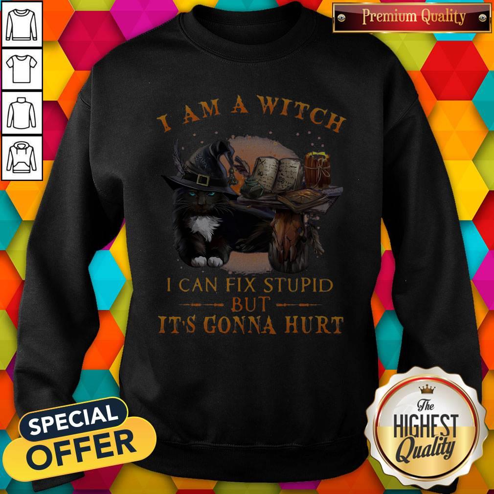 Top Black Cat I Am A Witch I Can Fix Stupid But It's Gonna Hurt Shirt