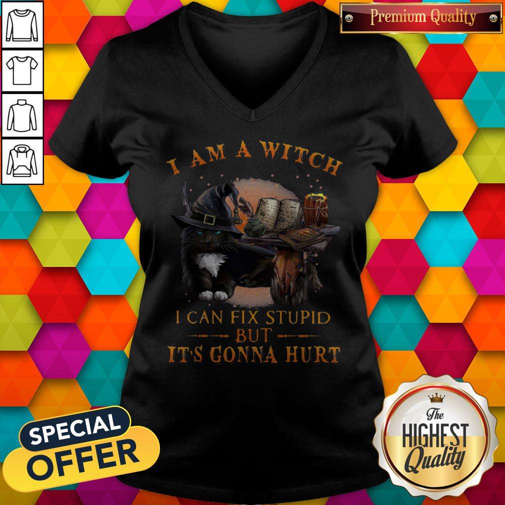 Top Black Cat I Am A Witch I Can Fix Stupid But It's Gonna Hurt Shirt