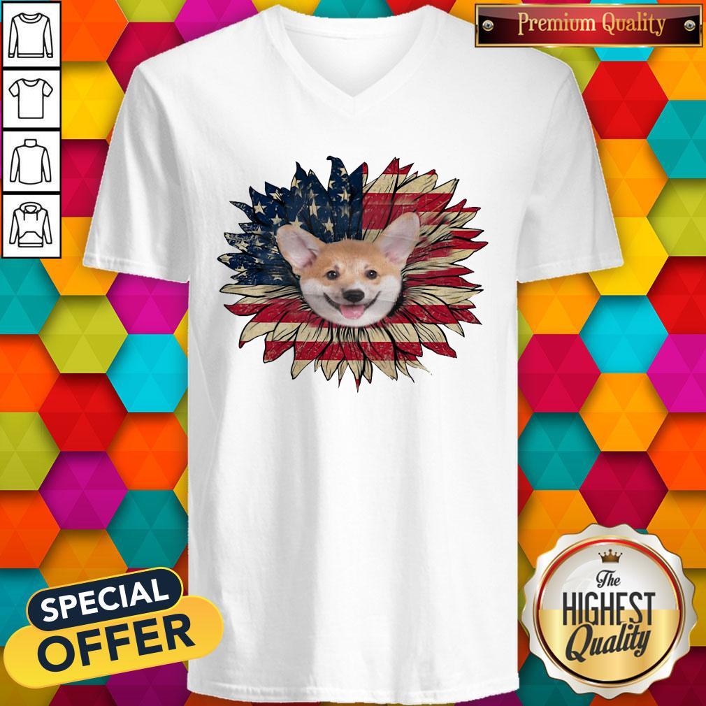 Top Corgi Dog Sunflower American Flag Shirt
