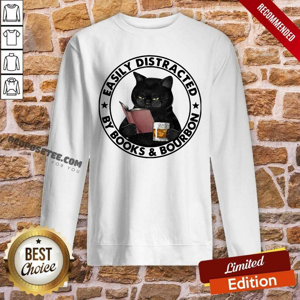 Top Easily Distracted By Books And Bourbon Cat Shirt