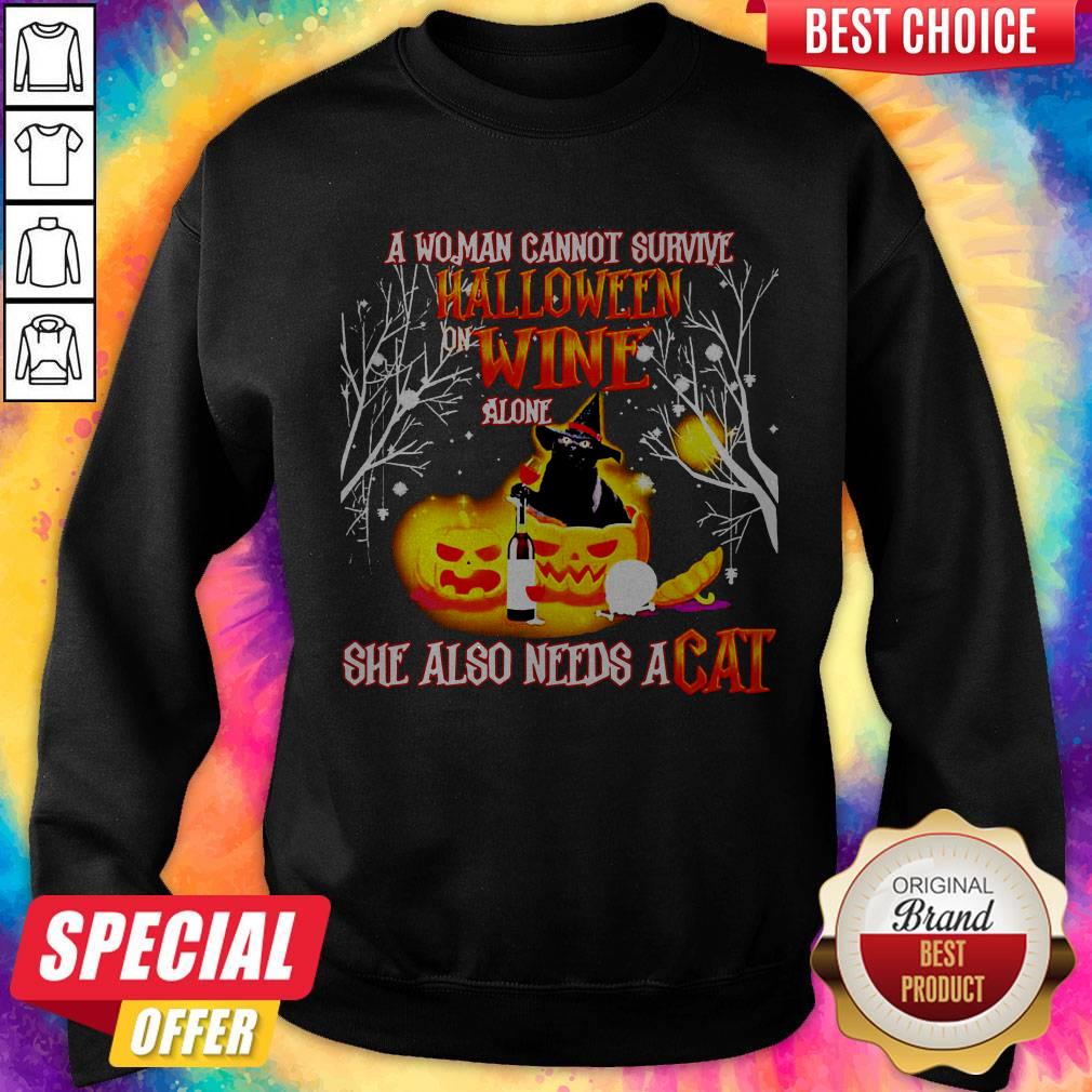 A Woman Cannot Survive Halloween Wine Alone She Also Needs A Cat Shirt