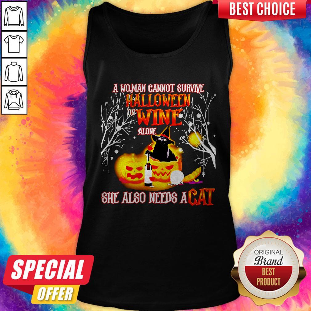 A Woman Cannot Survive Halloween Wine Alone She Also Needs A Cat Shirt