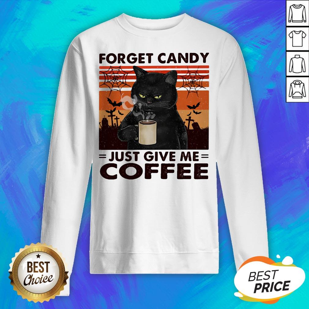 Black Cat Forget Candy Just Give Me Coffee Vintage Retro Shirt