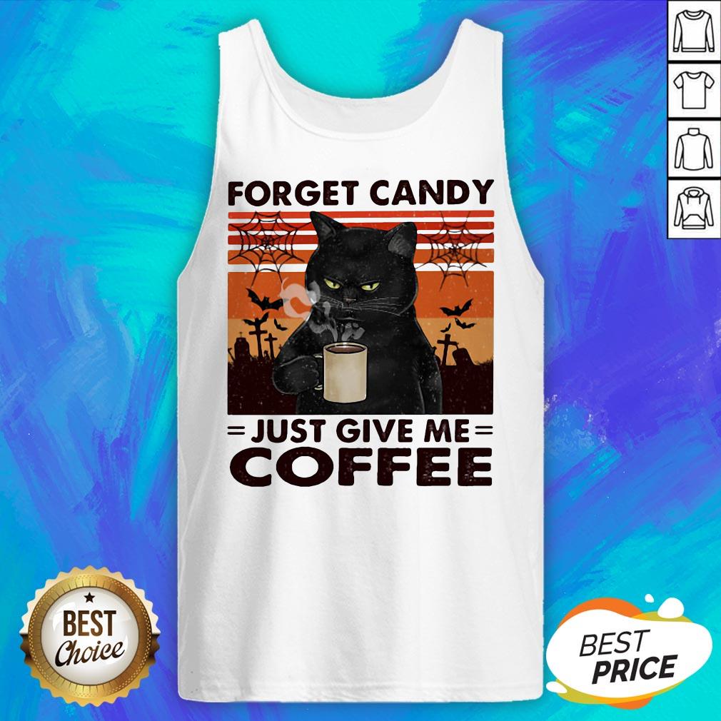 Black Cat Forget Candy Just Give Me Coffee Vintage Retro Shirt