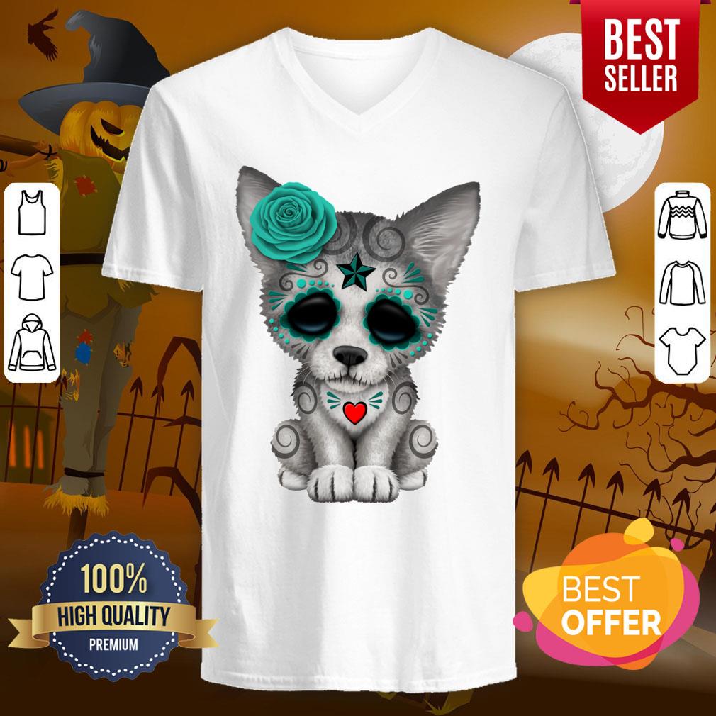 Blue Day Of The Dead Sugar Skull Wolf Cub Shirt